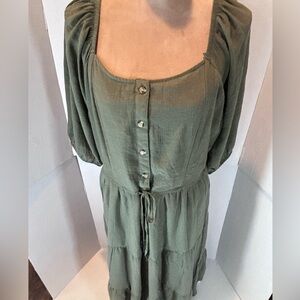 Olive Green Tiered Button-Front Midi Dress